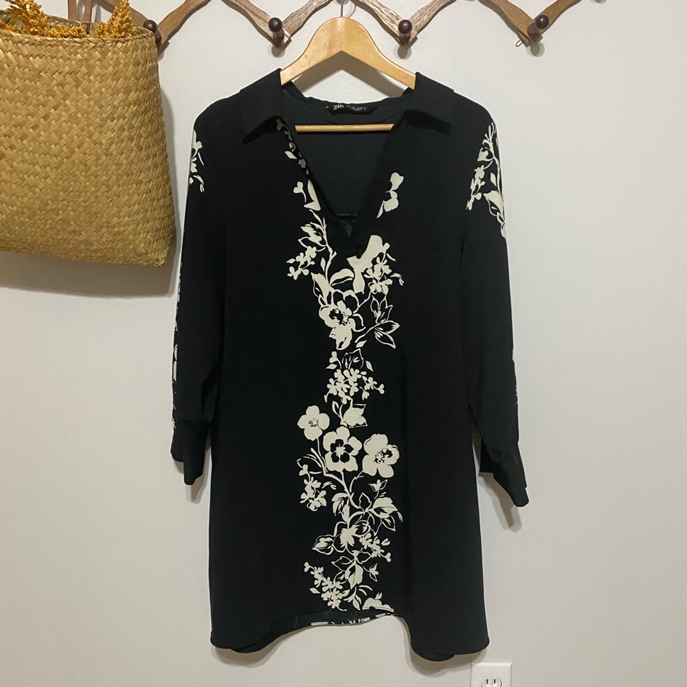 Zara Black and Cream Floral Dress, Size L